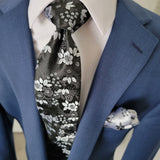 Black White Floral Silk Tie Pocket Square Cufflink Set