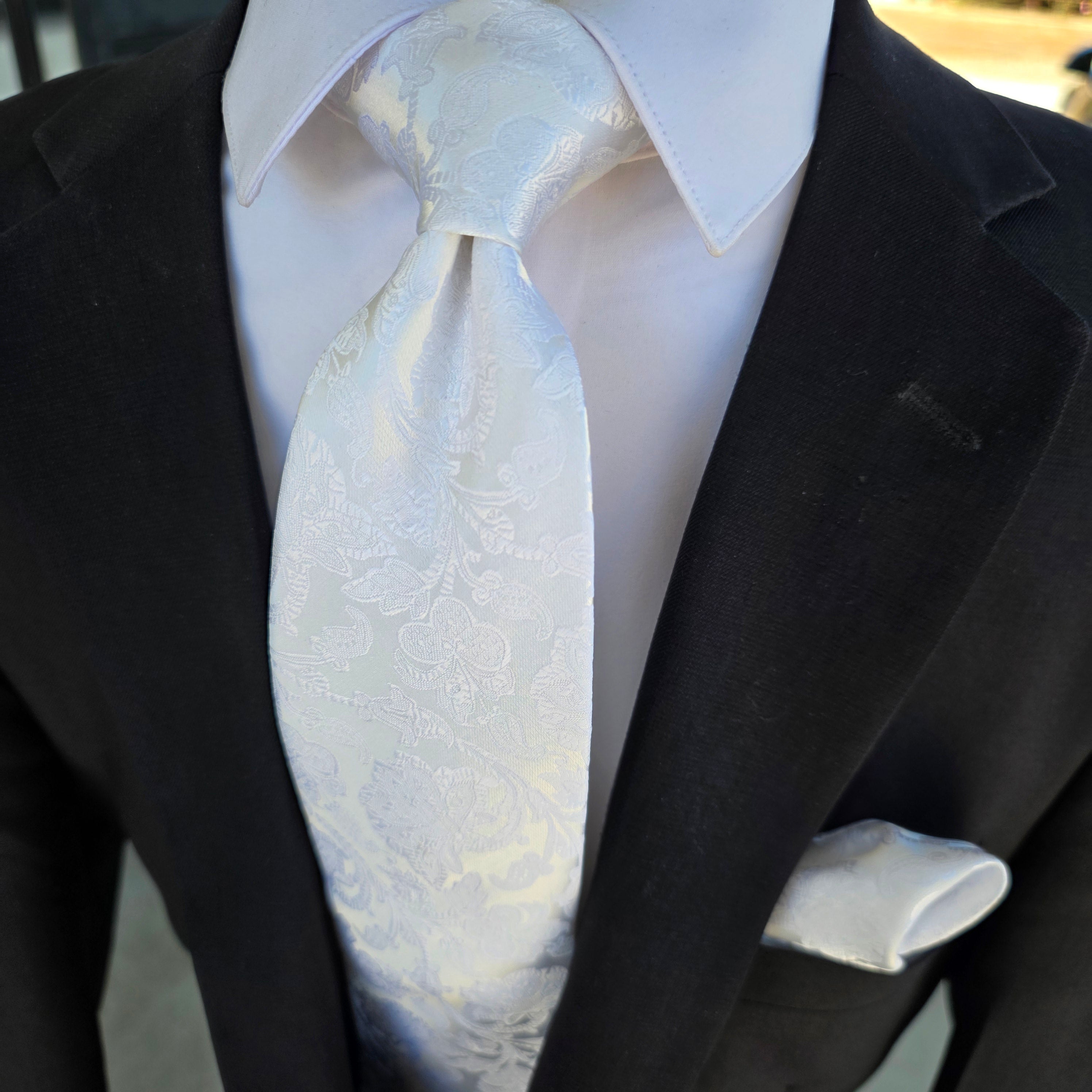 White Floral Silk Tie Pocket Square Cufflink Set