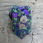 Green Purple Flower Silk Tie Pocket Square Cufflink Set