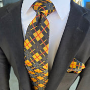 Black Gold Red Geometric Silk Tie Pocket Square Cufflink Set
