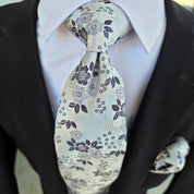White Gray Flower Silk Tie Pocket Square Cufflink Set