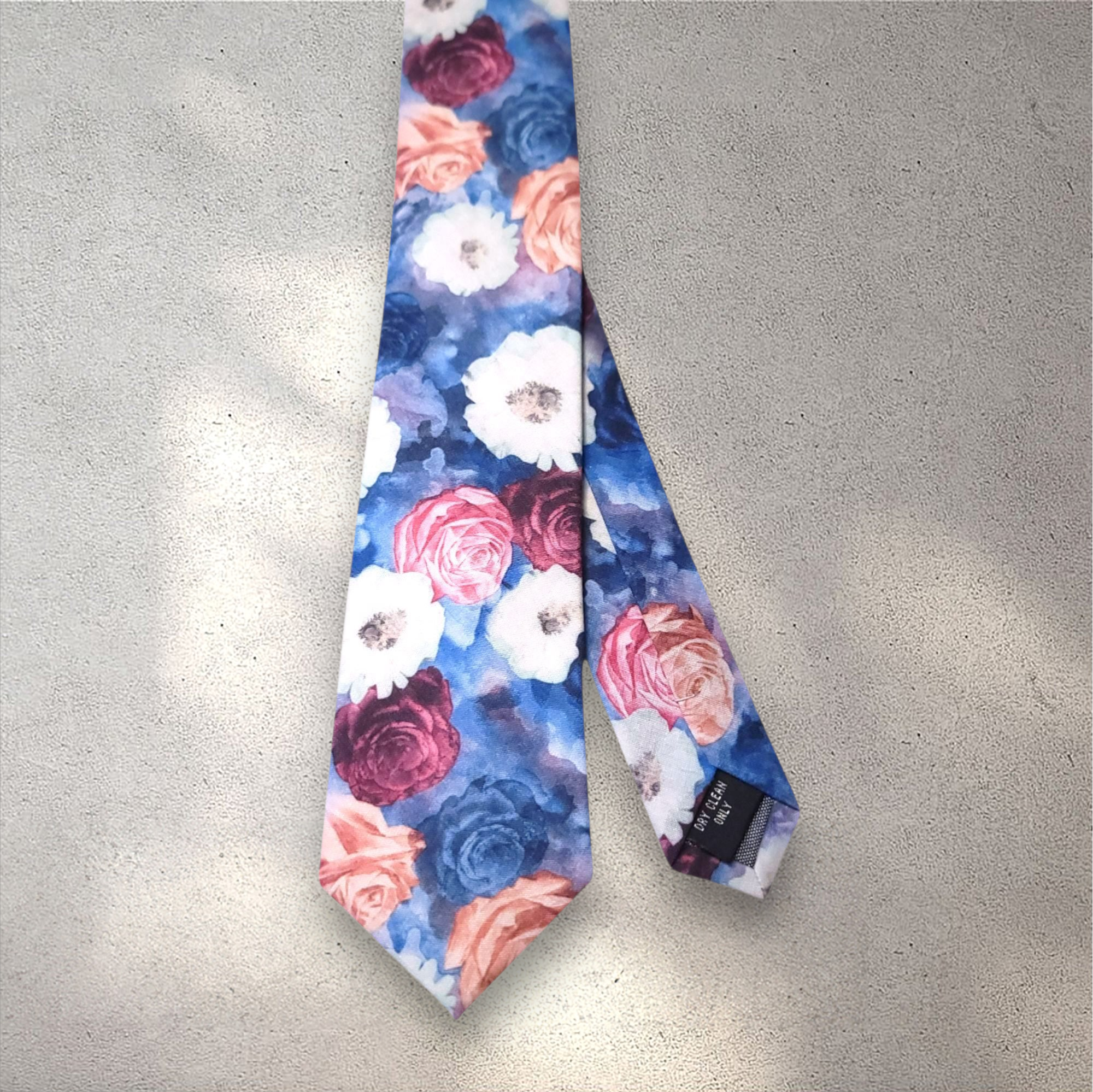 Blue White Peach Burgundy Floral Silk Tie