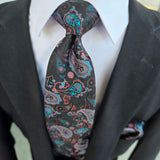 Black Blue Paisley Silk Tie Pocket Square Cufflink Set