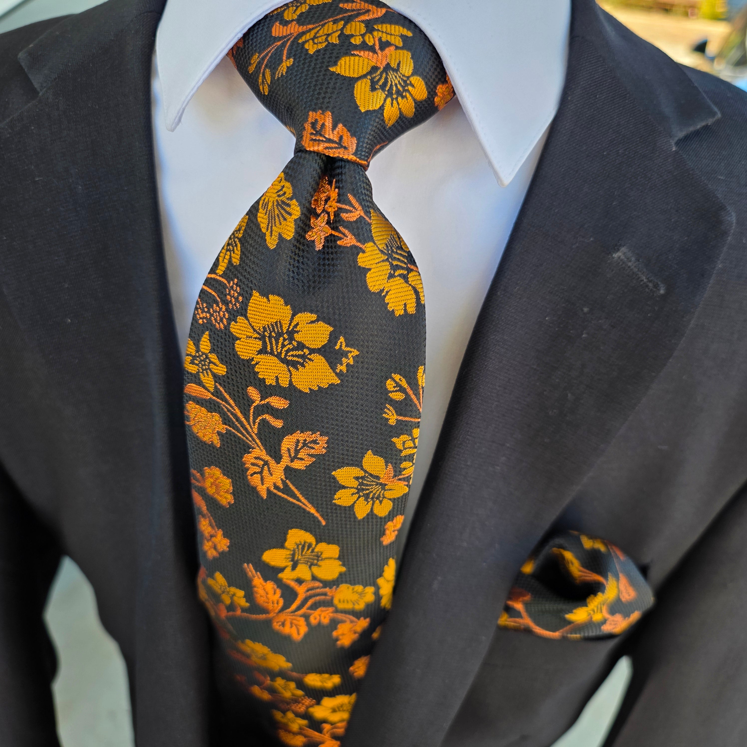 Black Orange Copper Floral Silk Tie Pocket Square Cufflink Set