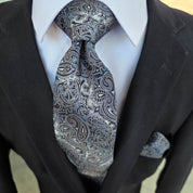 Extra Long Black White Paisley Tie Pocket Square Cufflink Set