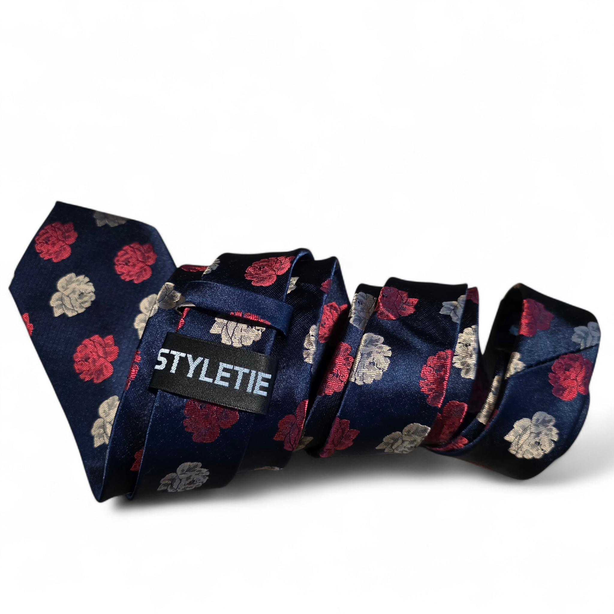 Navy Blue Red Floral Silk Tie Pocket Square Cufflink Set
