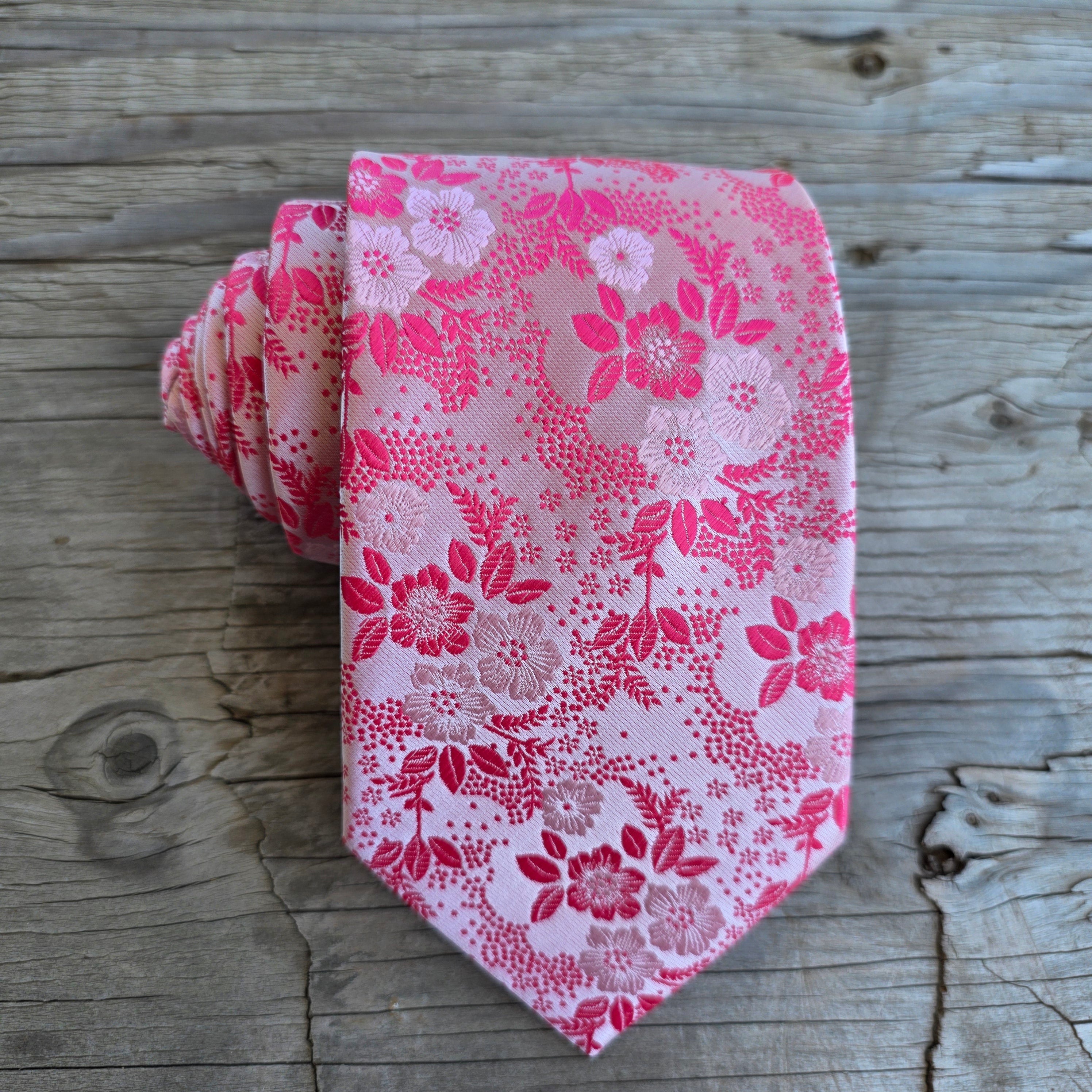 Bubblegum Pink Flower Silk Tie Pocket Square Cufflink Set