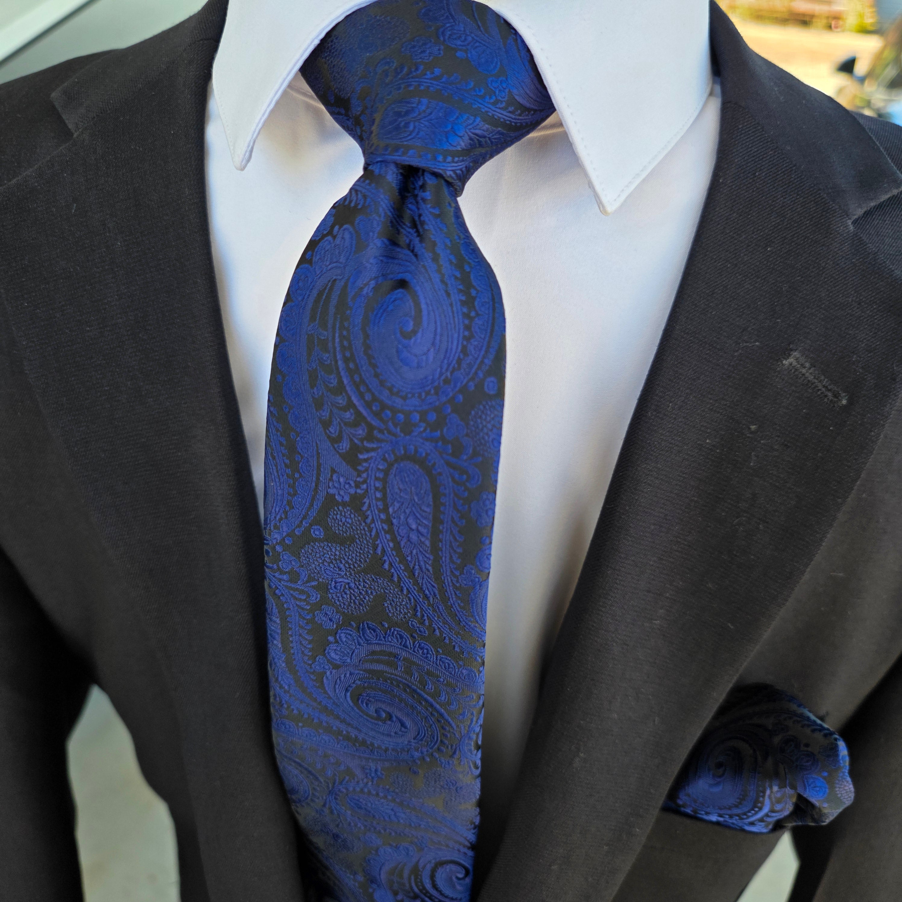 Black Navy Blue Paisley Silk Tie Pocket Square Cufflink Set
