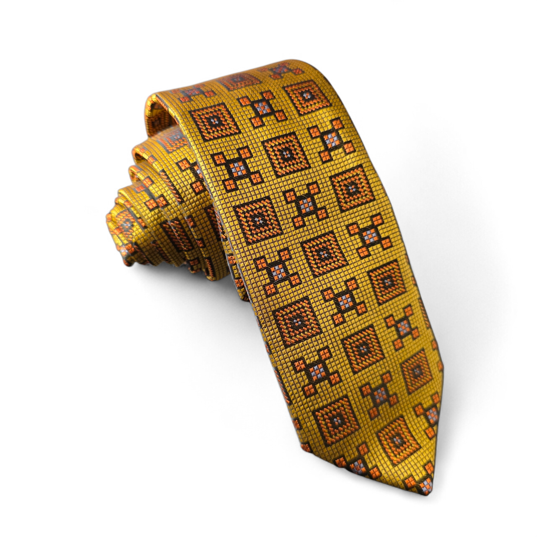 Old Gold Geometric Silk Tie Pocket Square Cufflink Set
