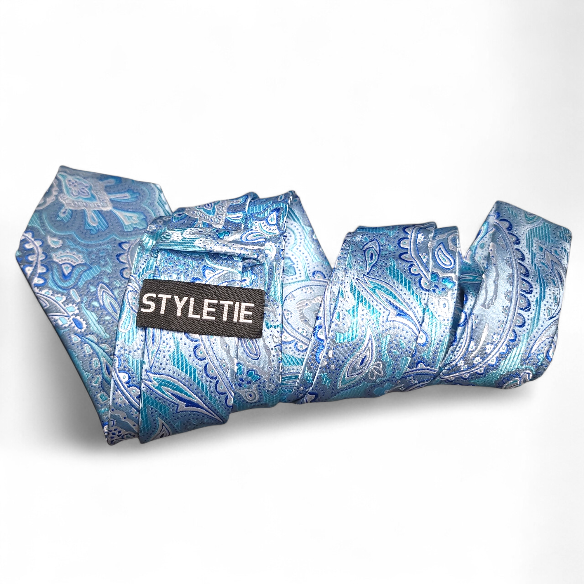 Baby Blue Paisley Silk Tie Pocket Square Cufflink Set