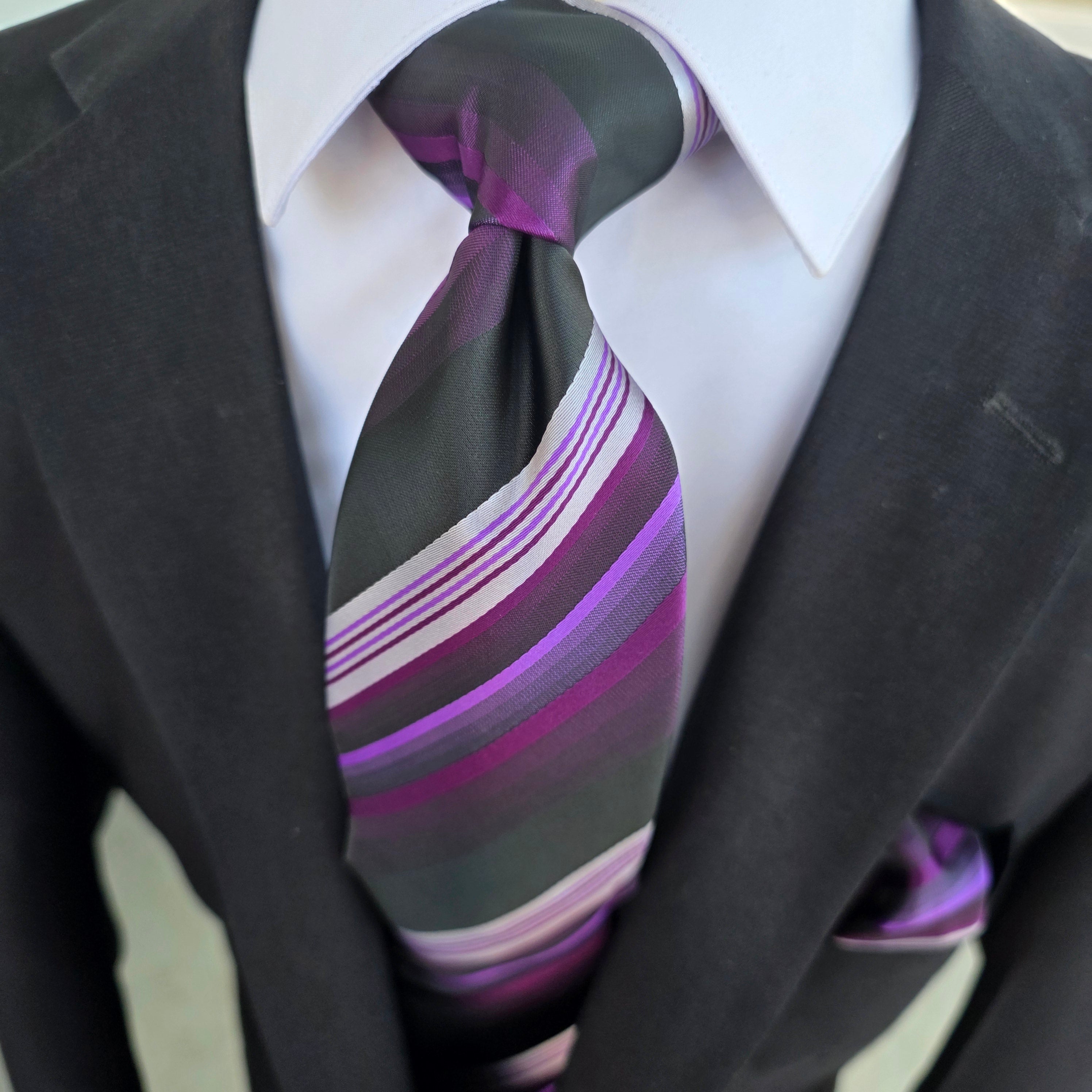 Purple Black White Striped Silk Tie Pocket Square Cufflink Set