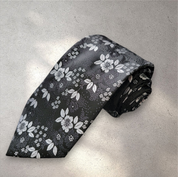 Black White Floral Silk Tie Pocket Square Cufflink Set