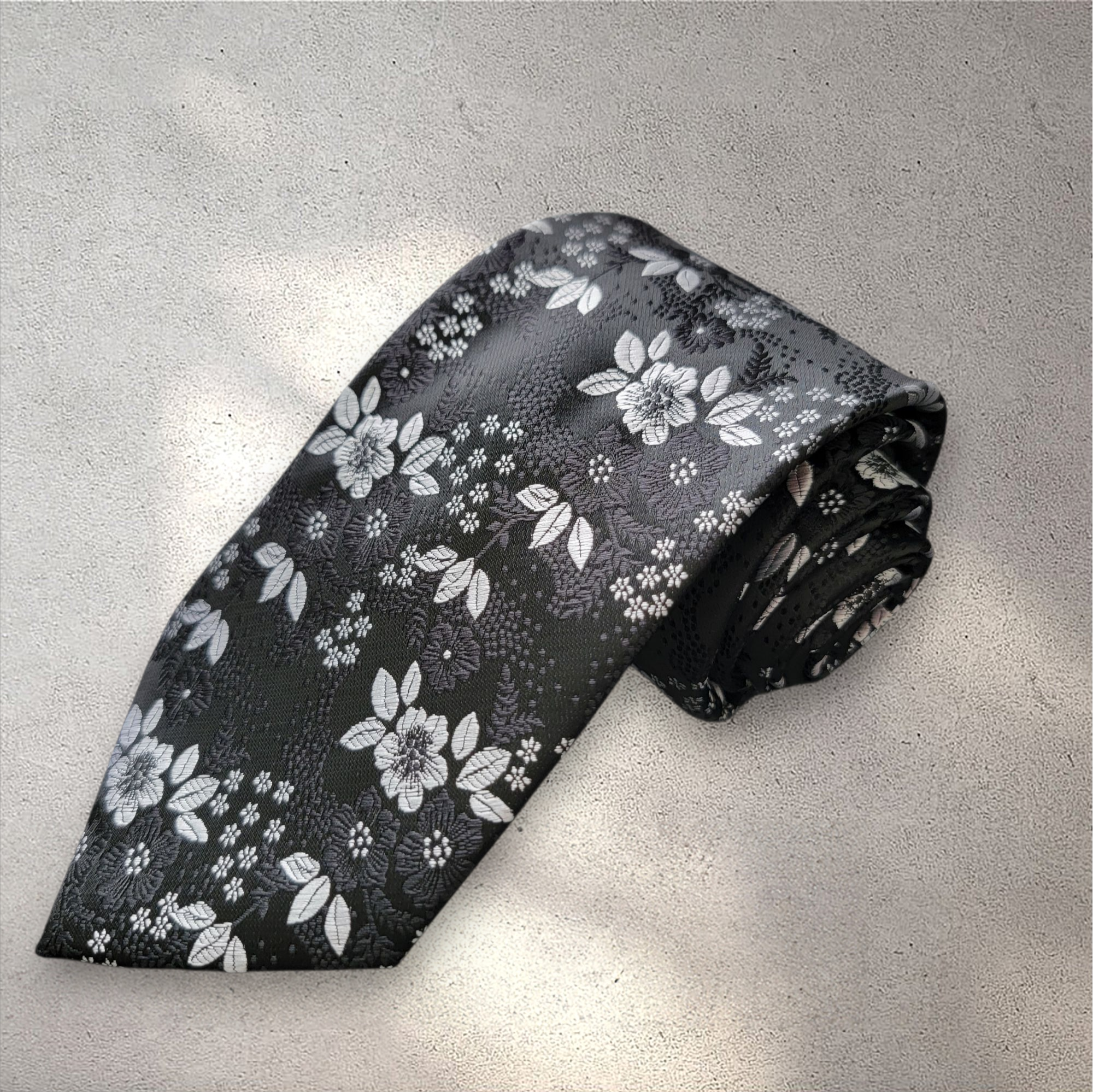Black White Floral Silk Tie Pocket Square Cufflink Set