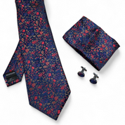 Navy Blue Red Floral Silk Tie Pocket Square Cufflink Set