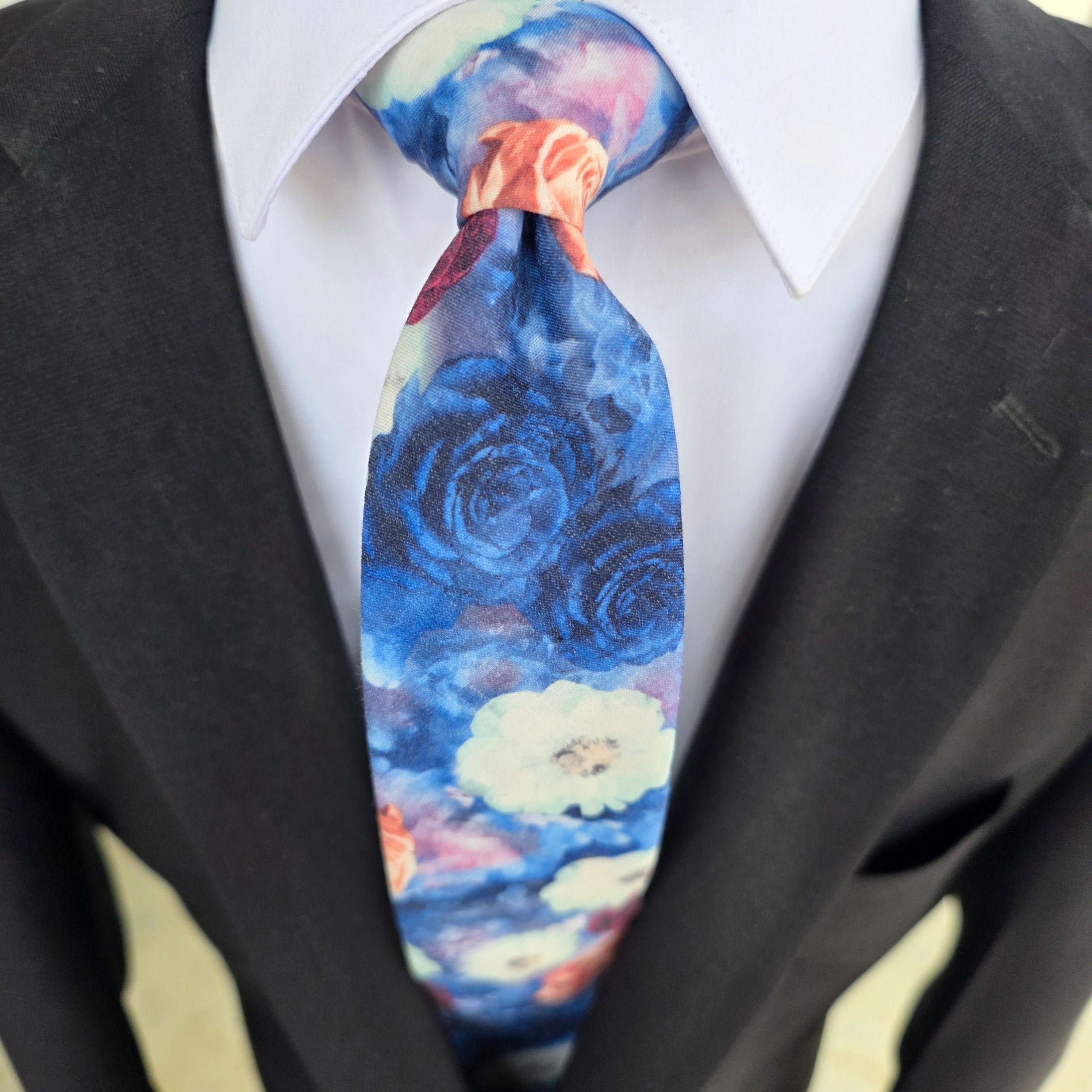 Blue White Peach Burgundy Floral Silk Tie