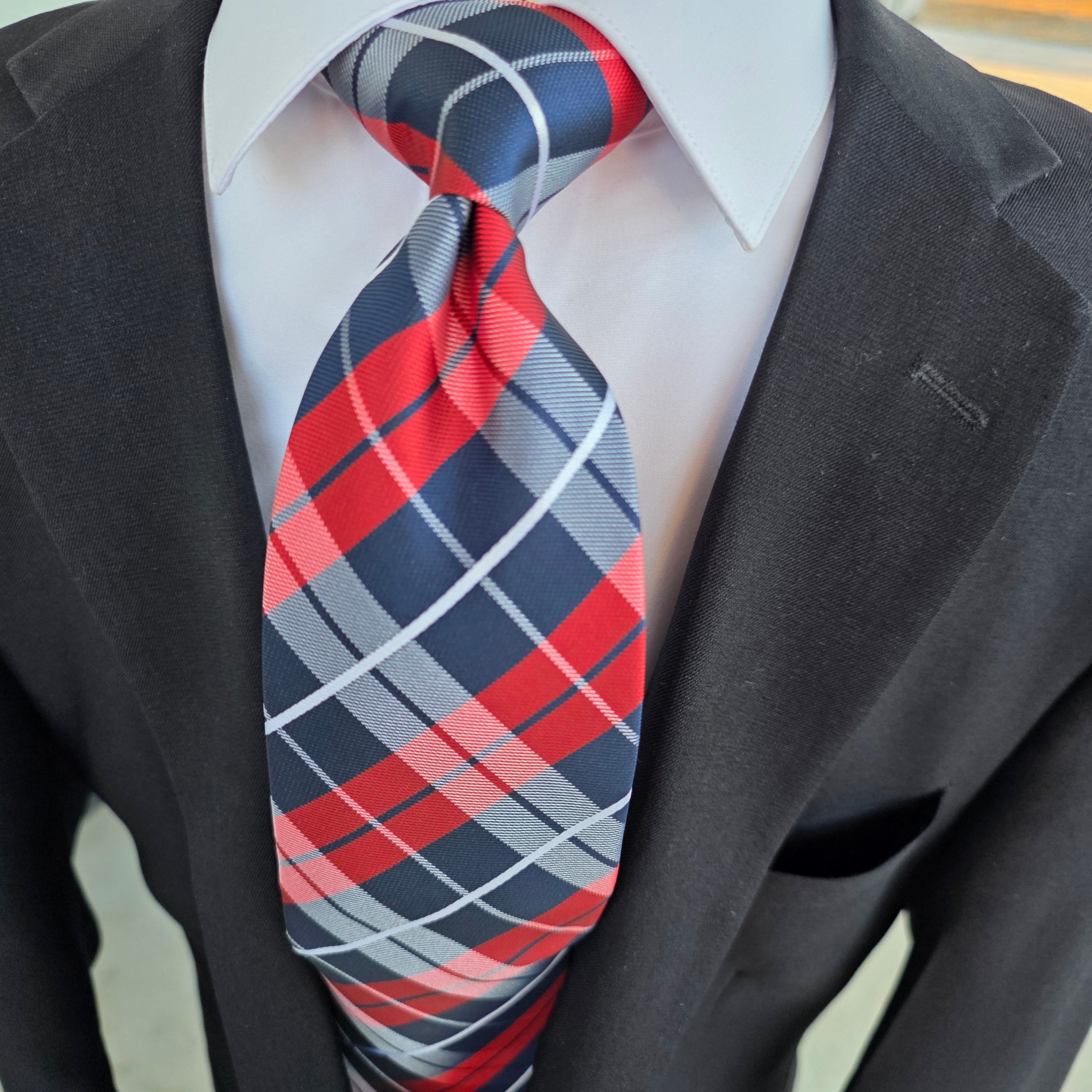 Classic Navy Blue Red Plaid Silk Tie