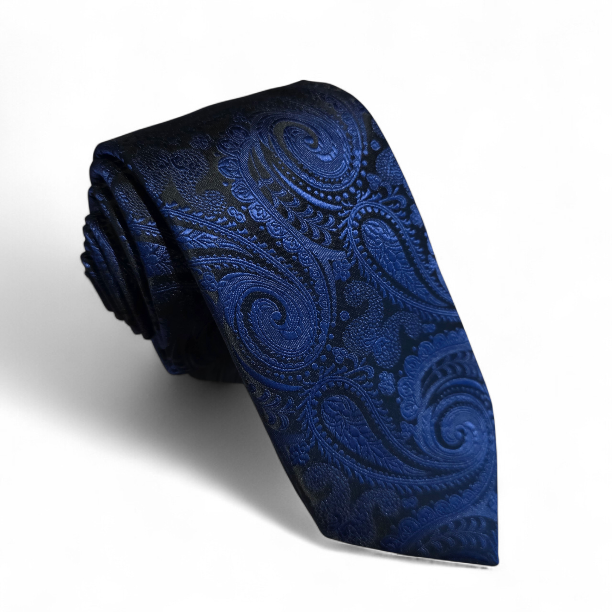 Black Navy Blue Paisley Silk Tie Pocket Square Cufflink Set