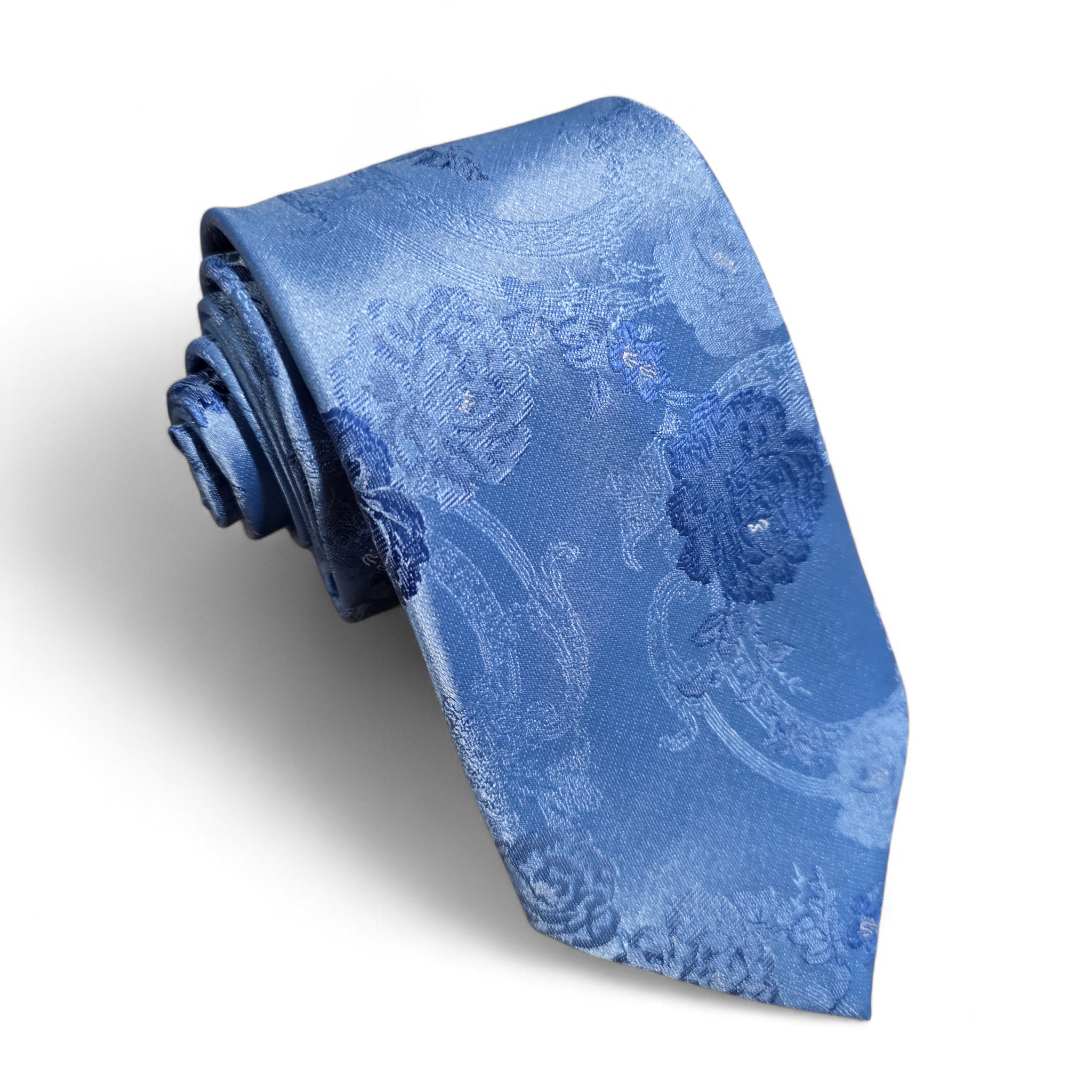 Baby Blue Floral Silk Tie Pocket Square Cufflink Set