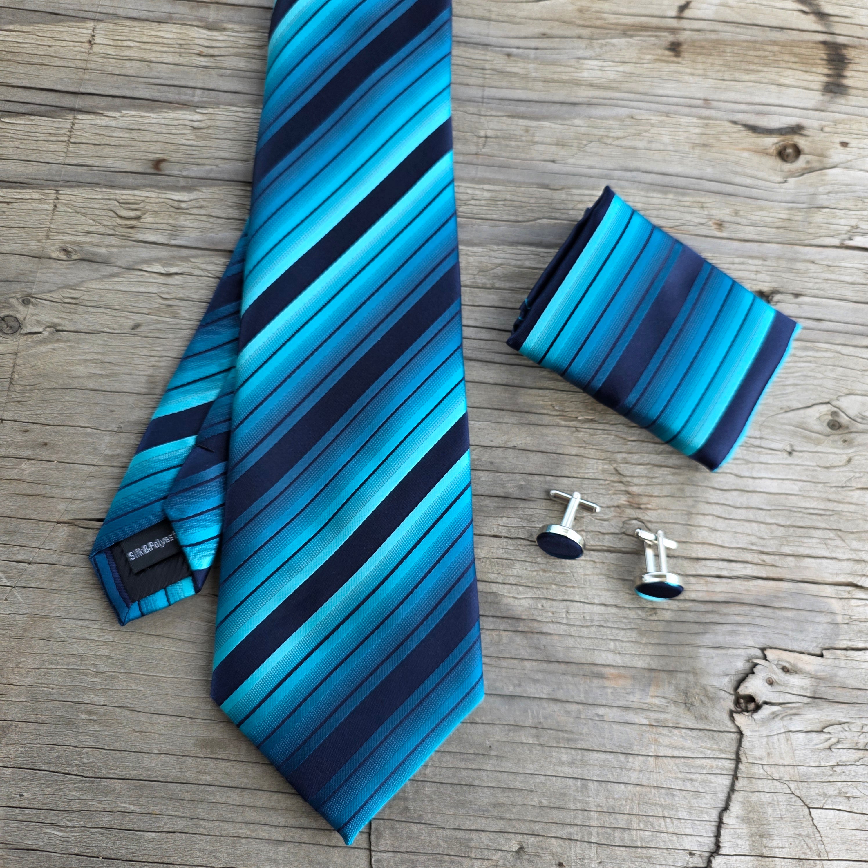 Teal Blue Black Stripe Silk Tie Pocket Square Cufflink Set