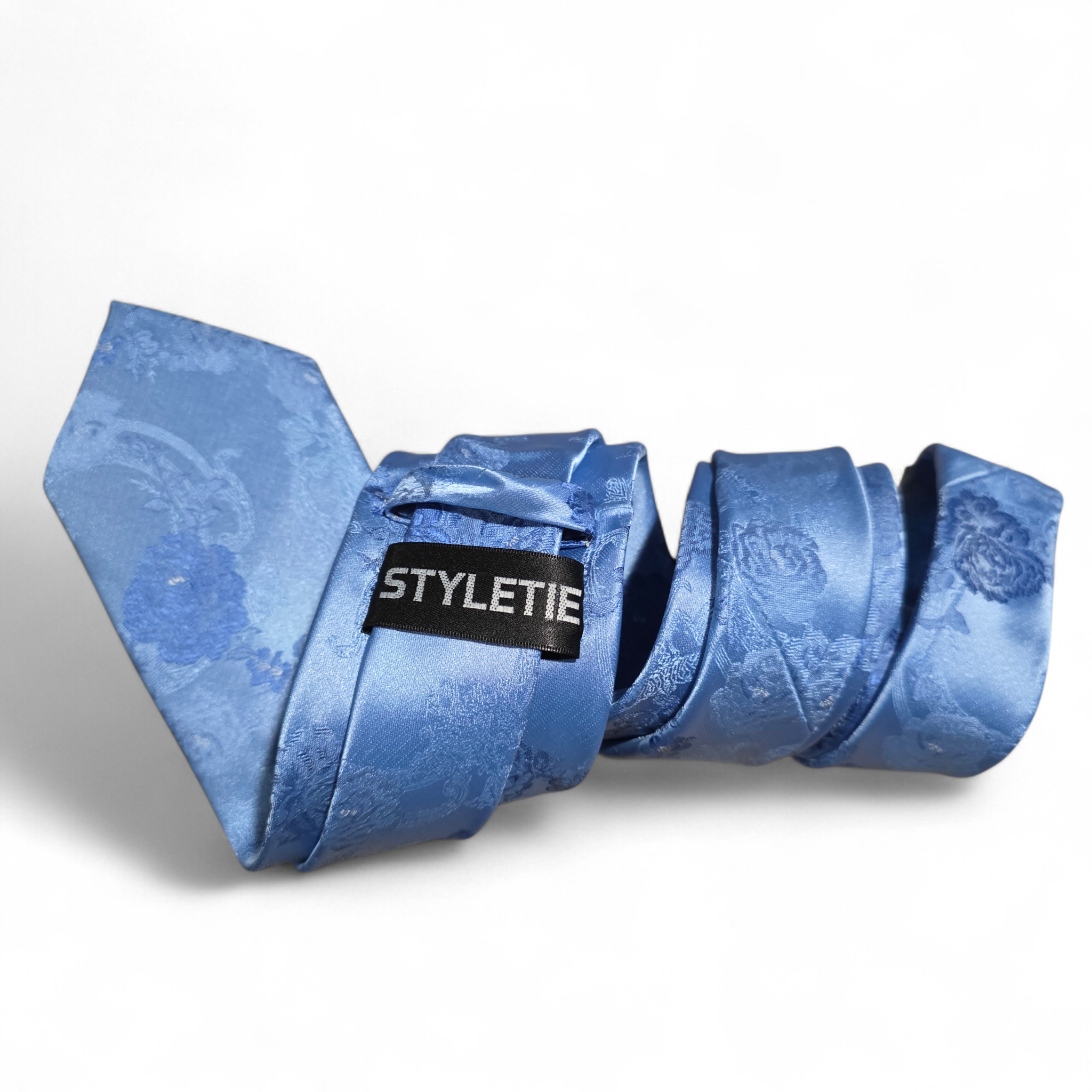 Baby Blue Floral Silk Tie Pocket Square Cufflink Set