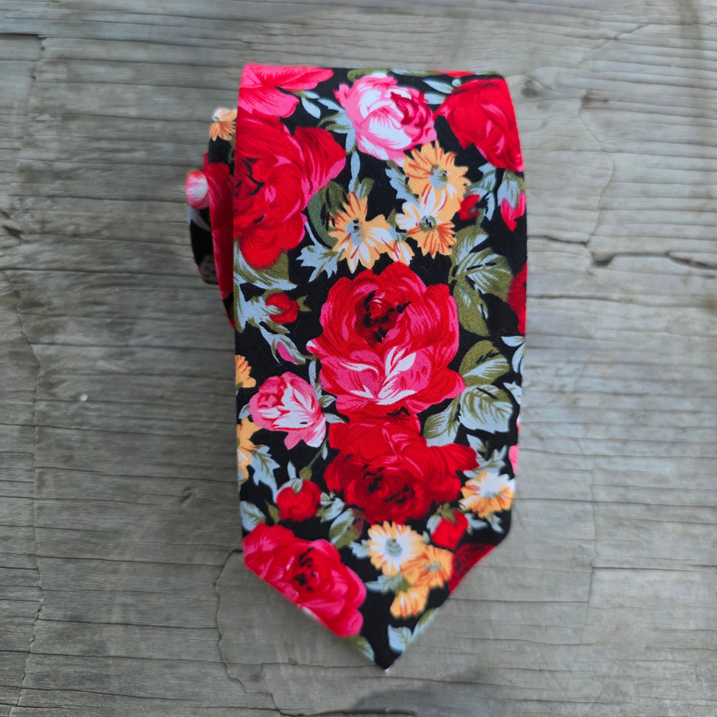 Black Red Leaf Floral Tie