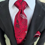 Cherry Red Paisley Silk Tie Pocket Square Cufflink Set
