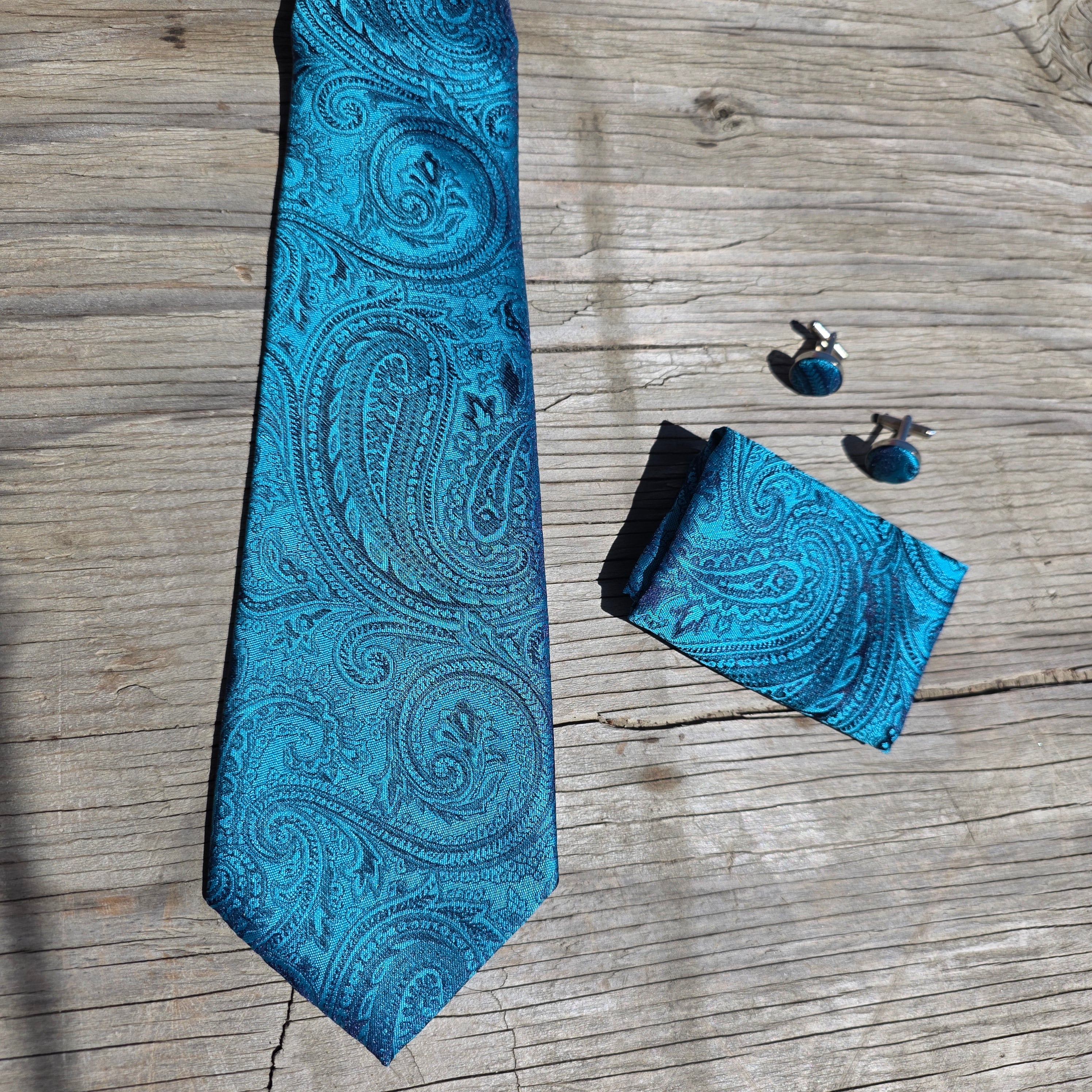 Teal Blue Paisley Silk Tie Pocket Square Cufflink Set