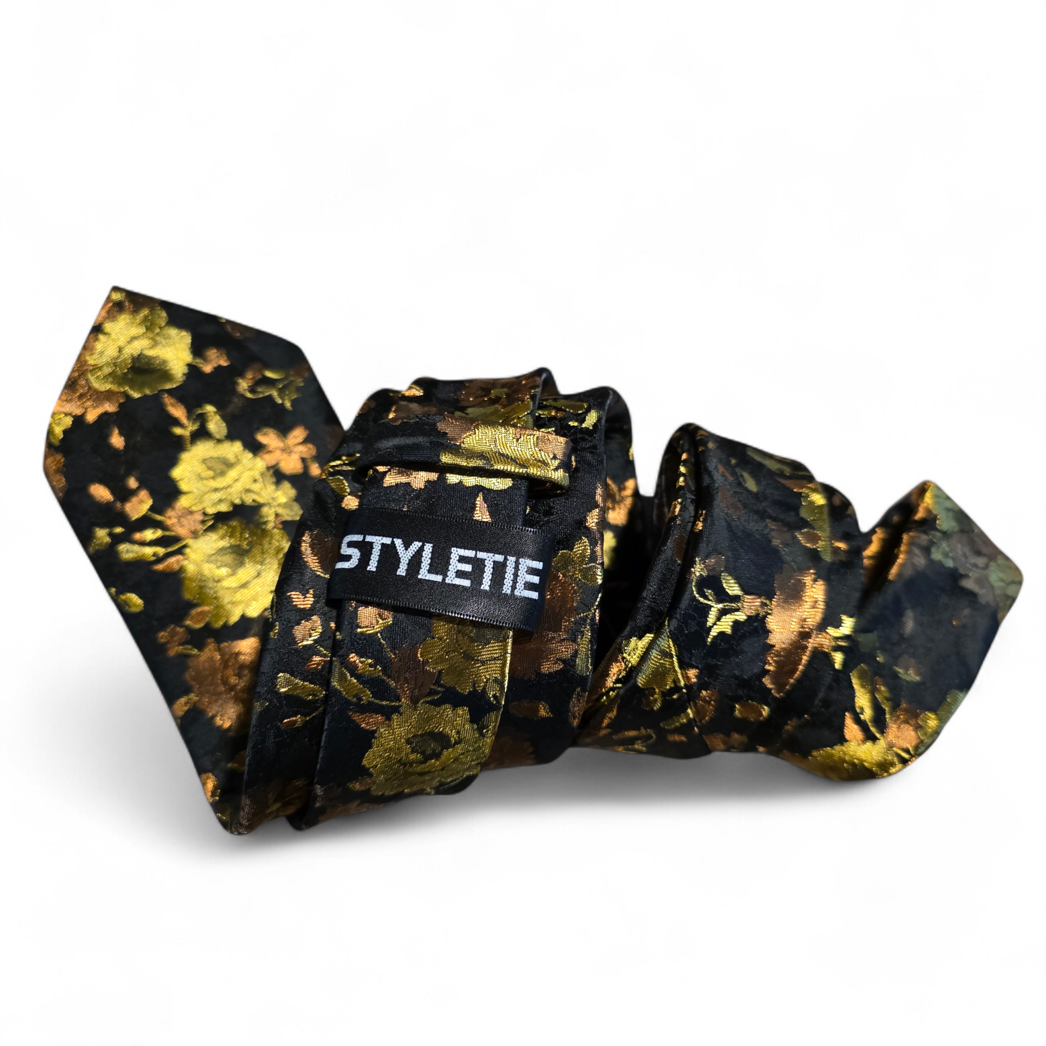 Black Gold Copper Floral Silk Tie Pocket Square Cufflink Set