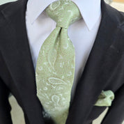 Pistachio Green Paisley Floral Silk Tie Pocket Square Cufflink Set