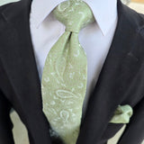 Pistachio Green Paisley Floral Silk Tie Pocket Square Cufflink Set