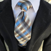 Black Blue Khaki Plaid Silk Tie Pocket Square Cufflink Set