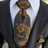 Black Gold Copper Silk Tie Pocket Square Cufflink Set