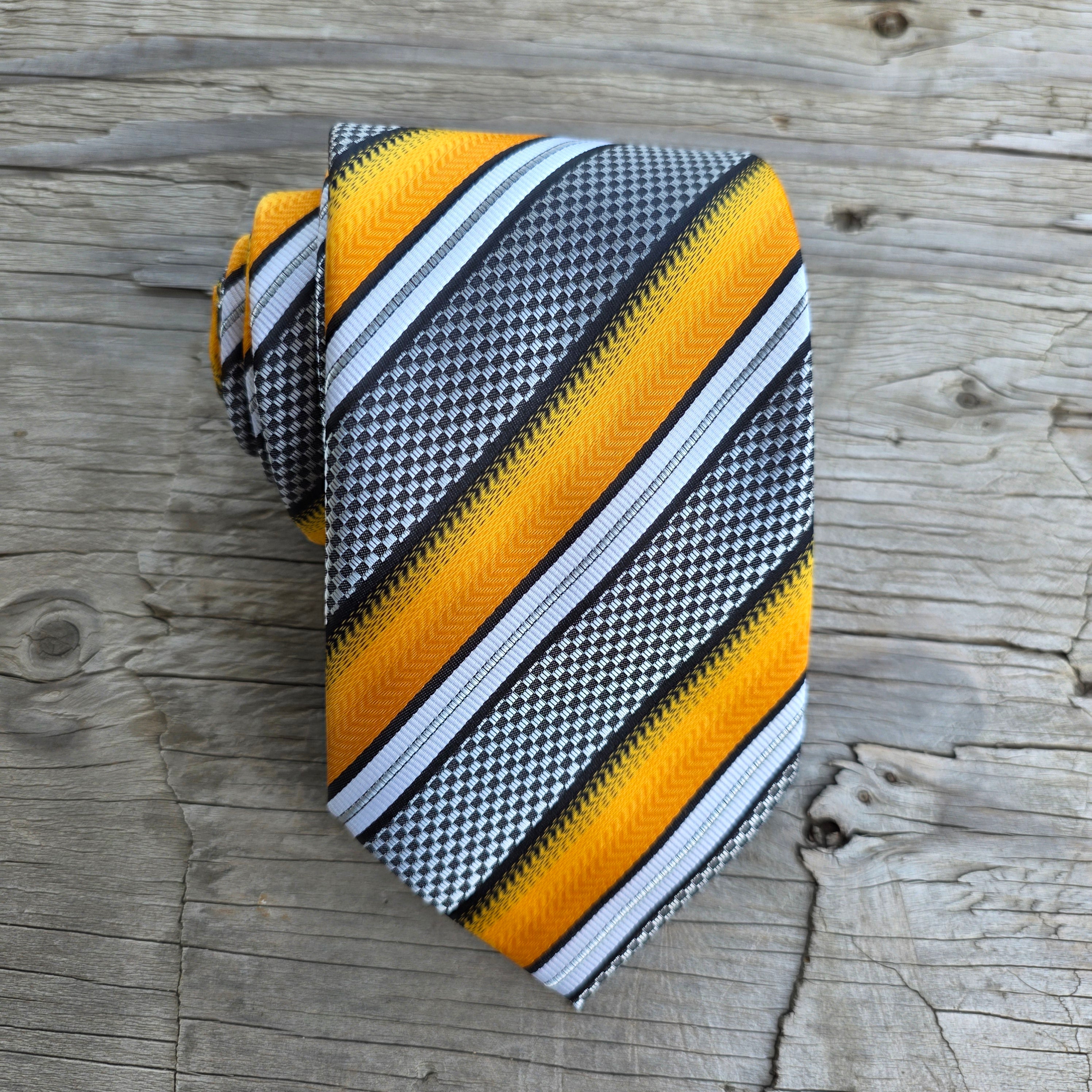 Fire Yellow Black White Stripe Silk Tie Pocket Square Cufflink Set
