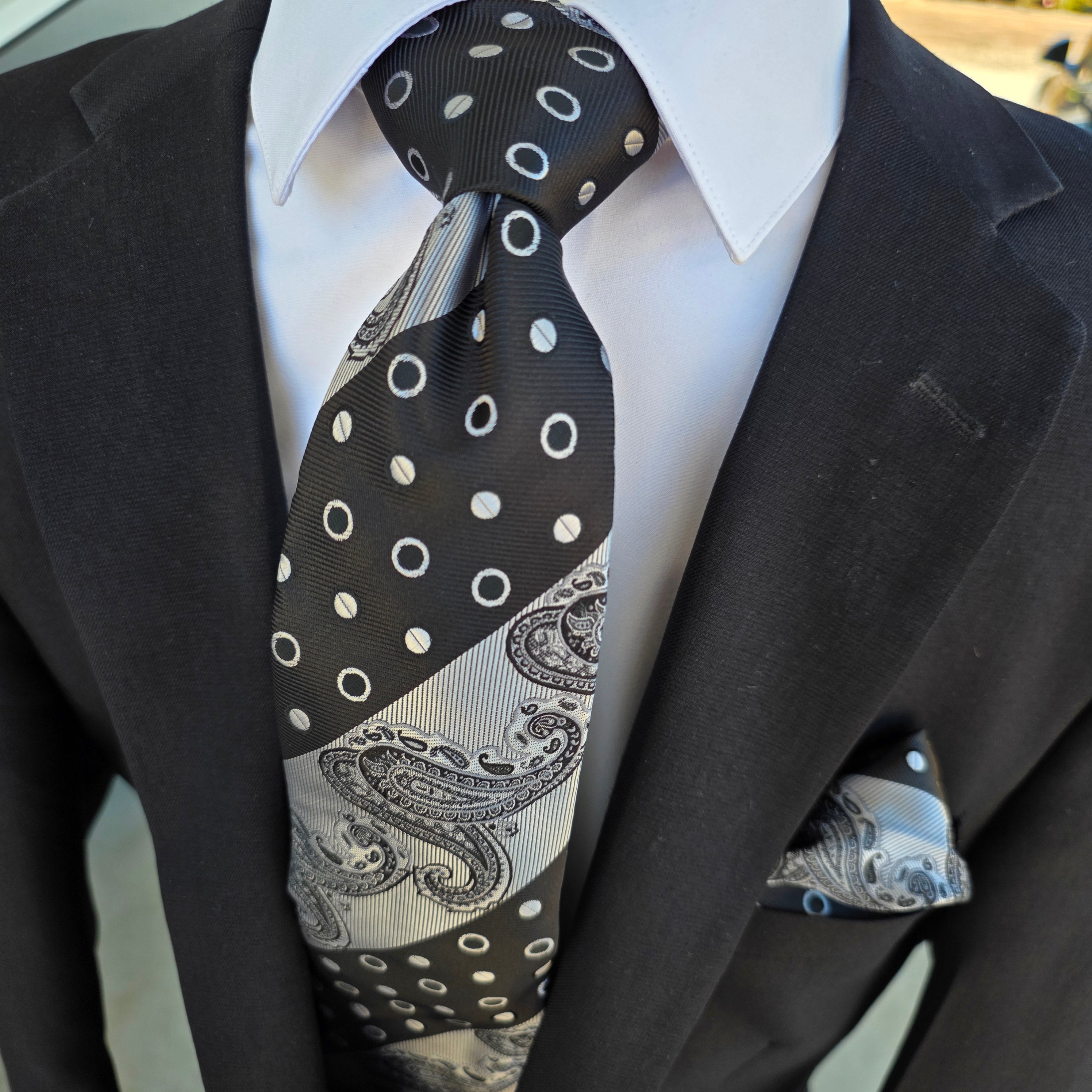 Black Gray Paisley Polka Dot Silk Tie Pocket Square Cufflink Set