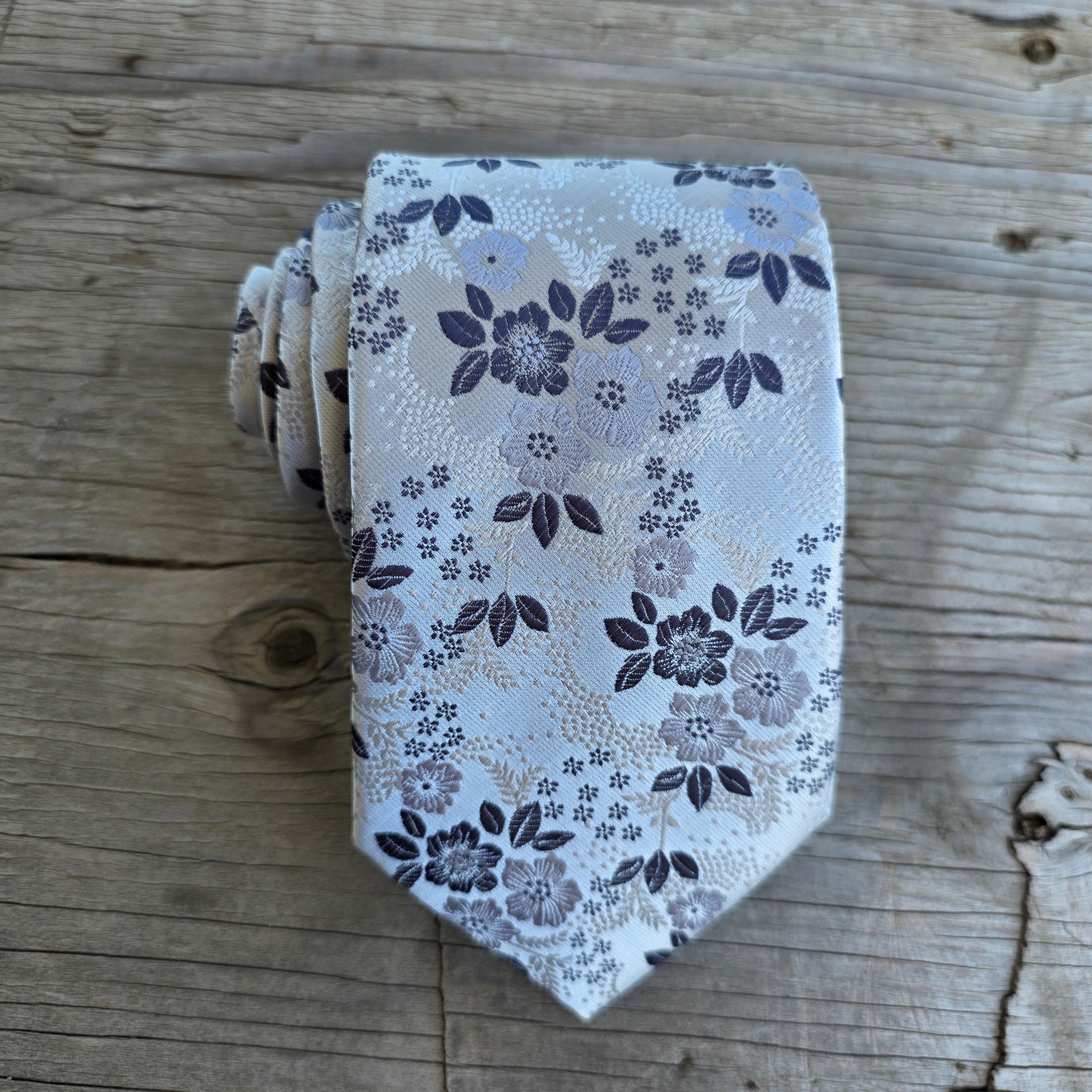 White Gray Flower Silk Tie Pocket Square Cufflink Set