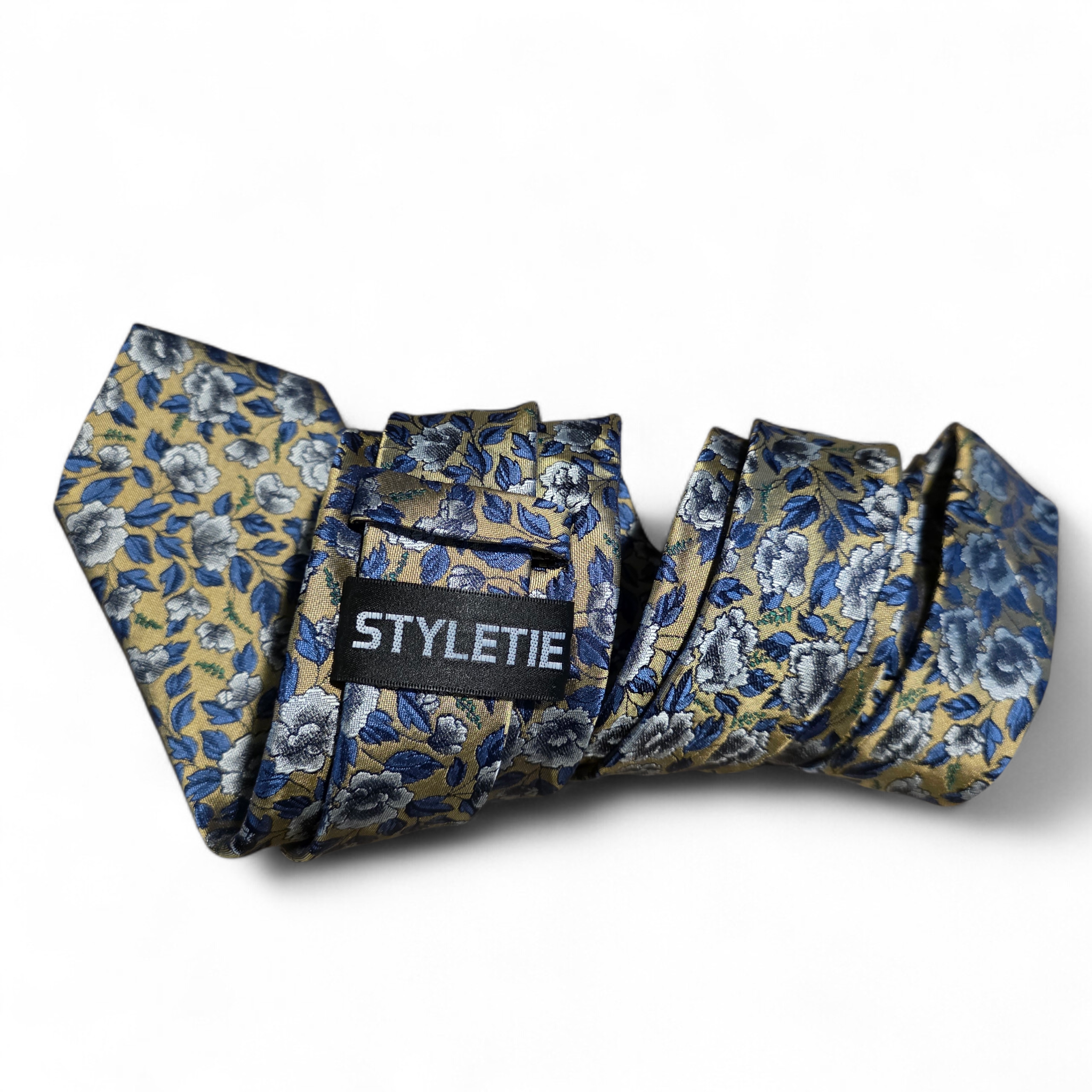 Antique Gold Blue Floral Silk Tie Pocket Square Cufflink Set