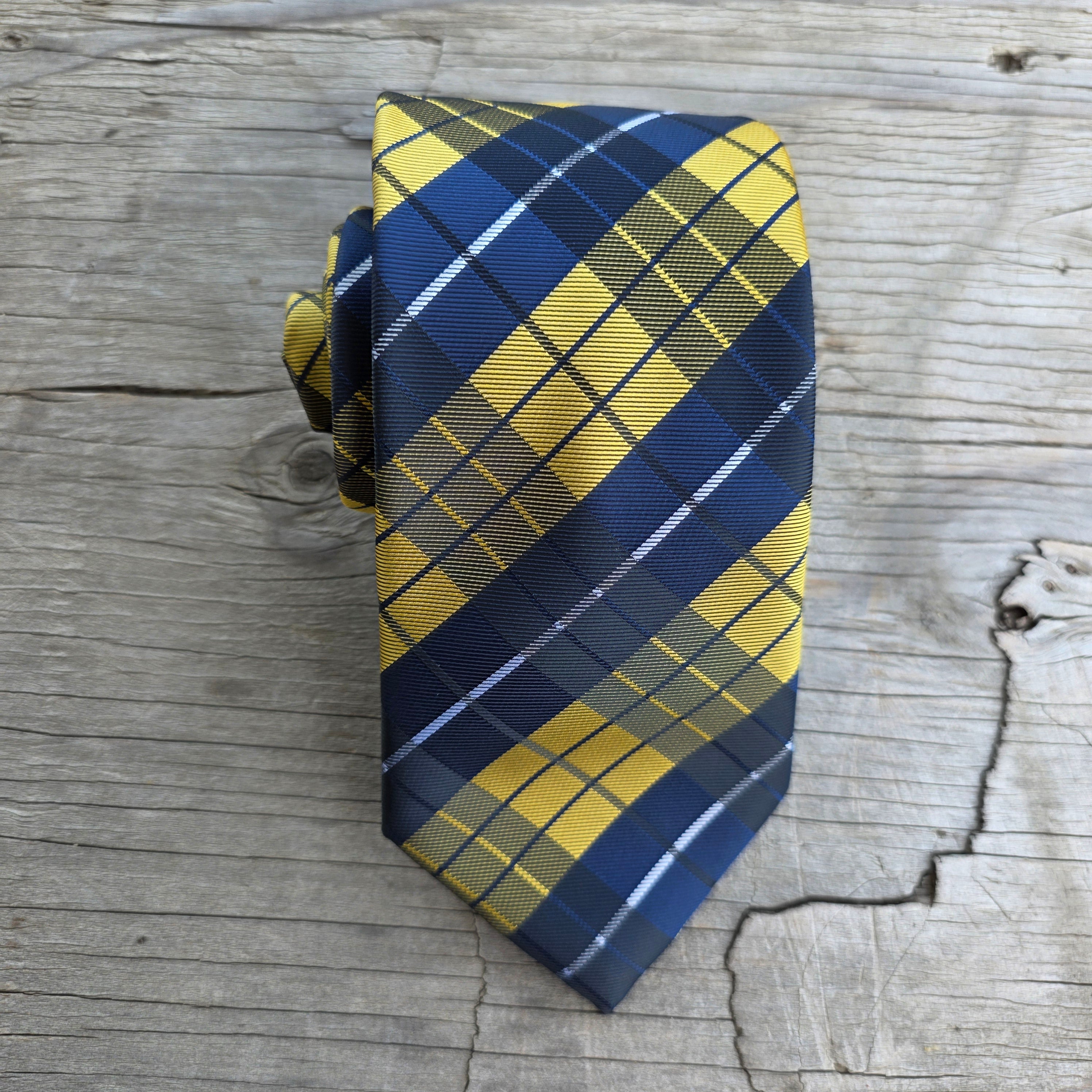 Navy Yellow Plaid Silk Tie Pocket Square Cufflink Set