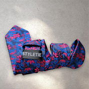 Blue Hot Pink Flower Silk Tie Pocket Square Cufflink Set