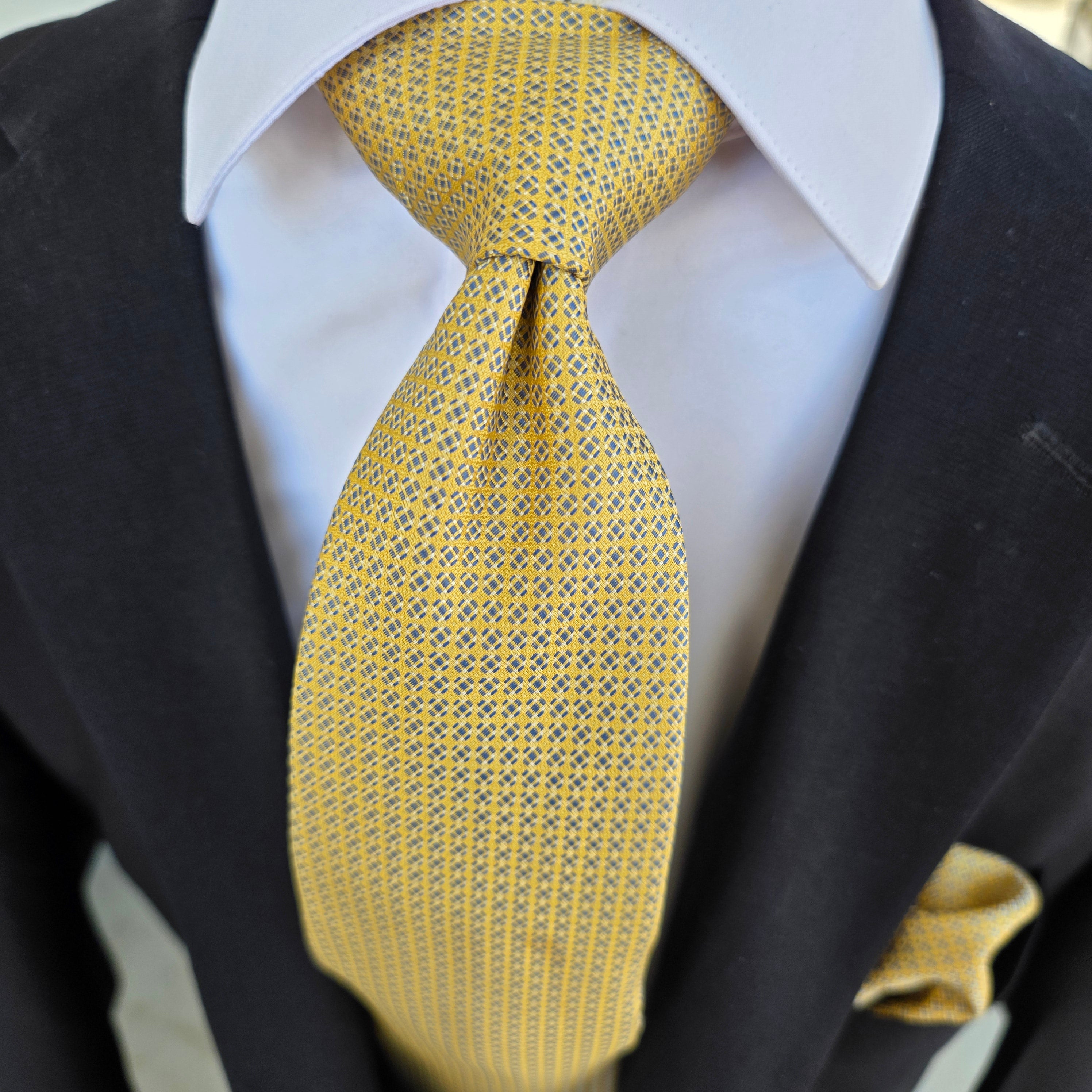 Yellow Dot Silk Tie Pocket Square Cufflink Set