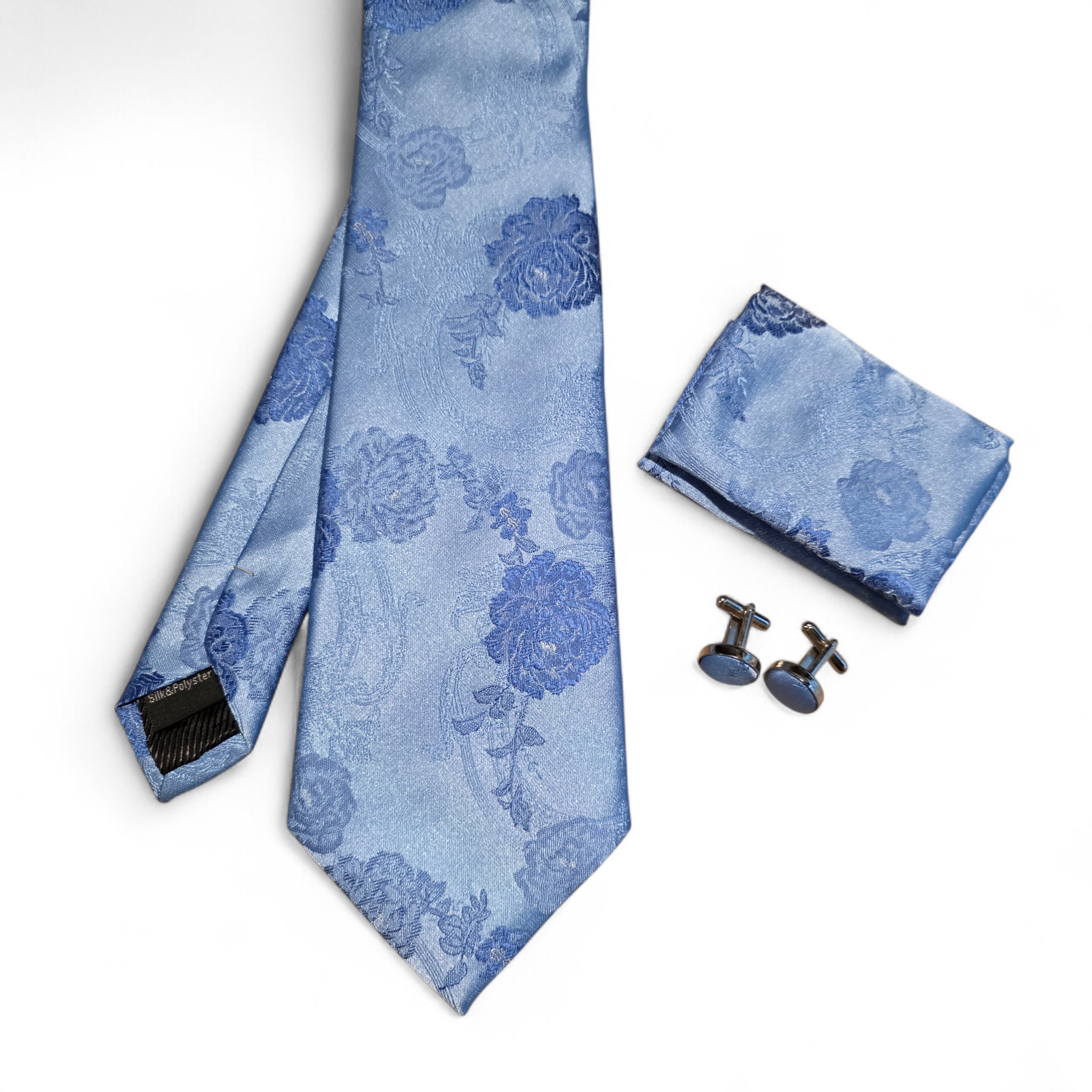 Baby Blue Floral Silk Tie Pocket Square Cufflink Set
