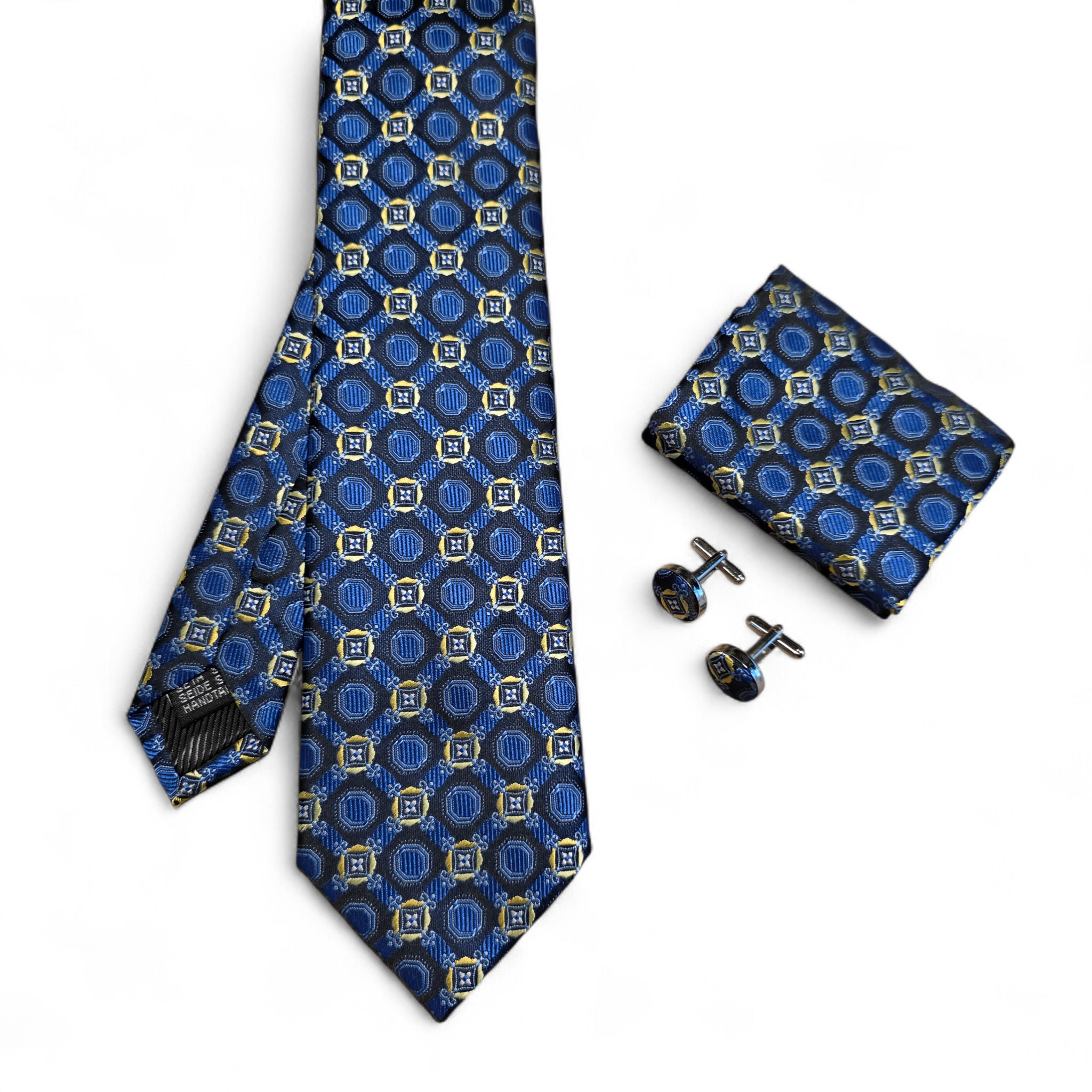 Navy Royal Blue Geometric Silk Tie Pocket Square Cufflink Set