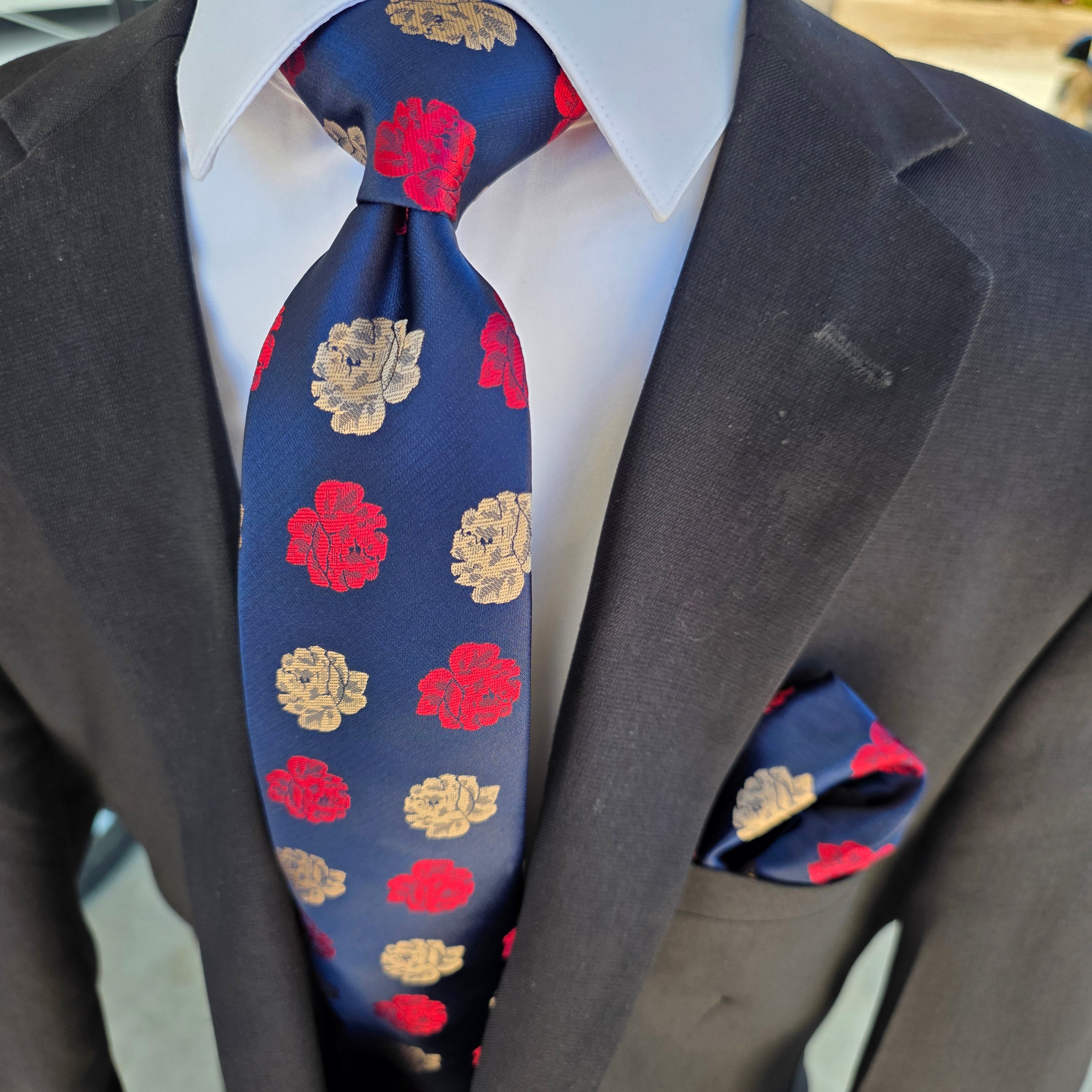 Navy Blue Red Floral Silk Tie Pocket Square Cufflink Set