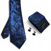 Navy Royal Blue Paisley Silk Tie Pocket Square Cufflink Set