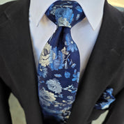 Navy Blue Gray Flower Silk Tie Pocket Square Cufflink Set