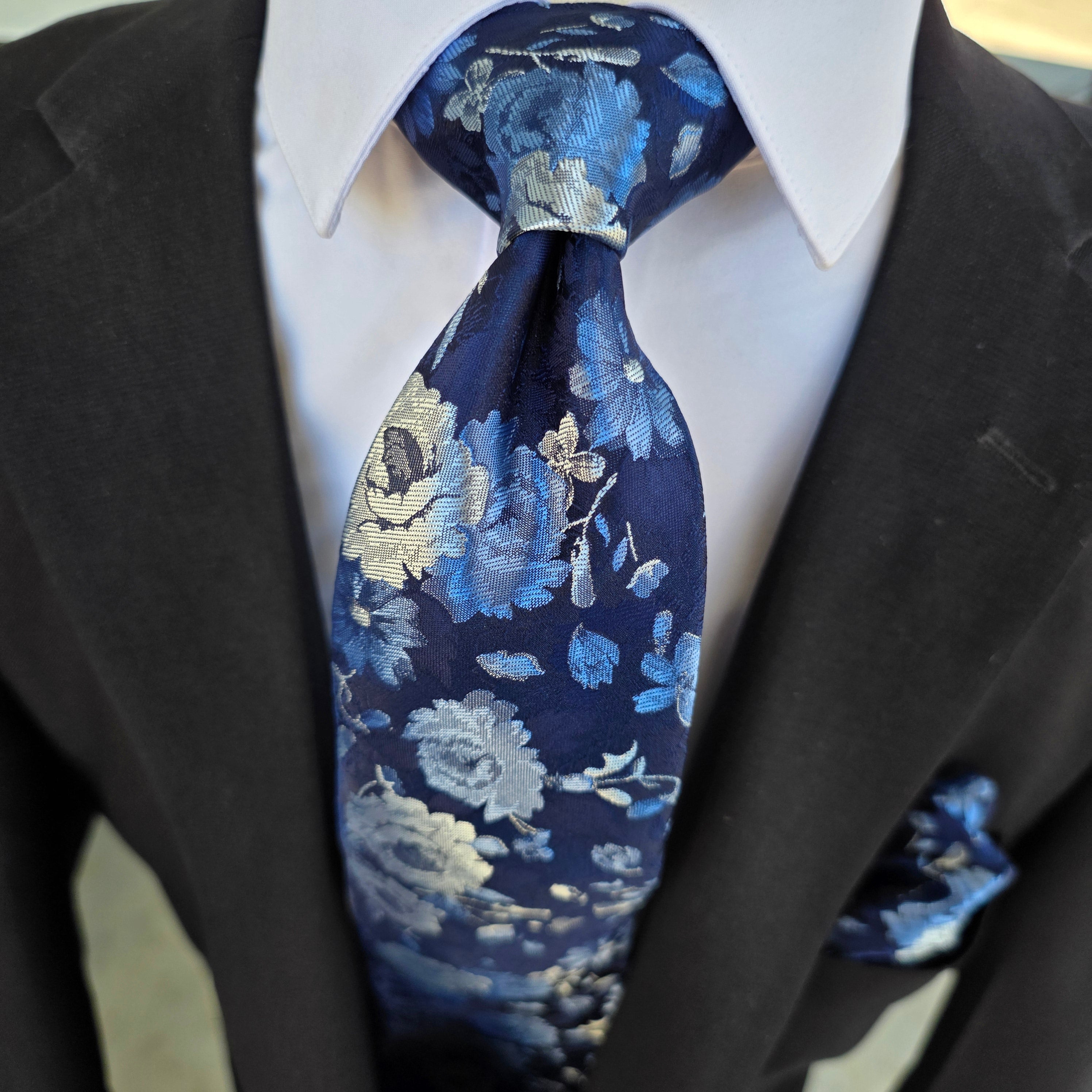Navy Blue Gray Flower Silk Tie Pocket Square Cufflink Set