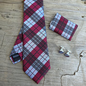 White Burgundy Plaid Silk Tie Pocket Square Cufflink Set