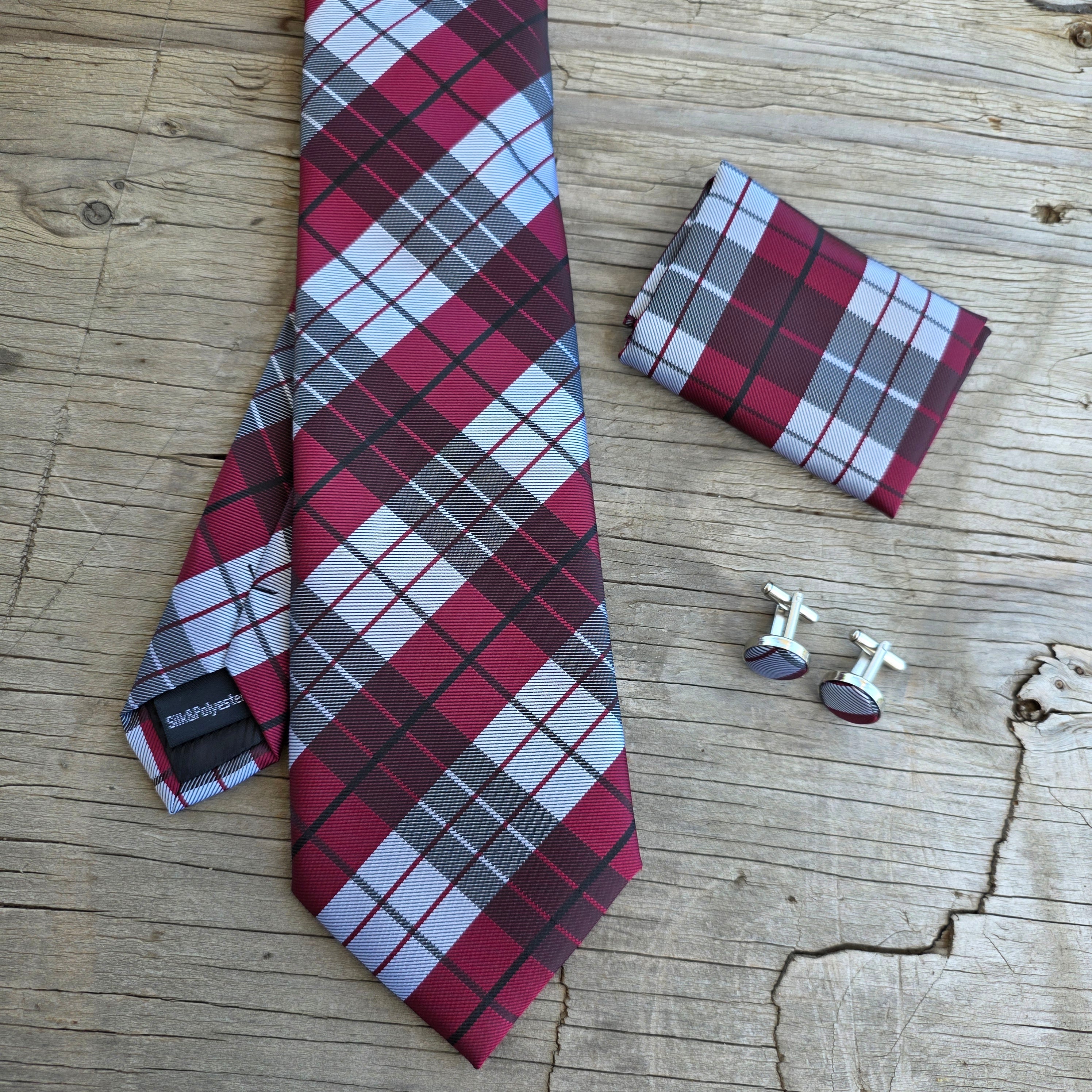 White Burgundy Plaid Silk Tie Pocket Square Cufflink Set