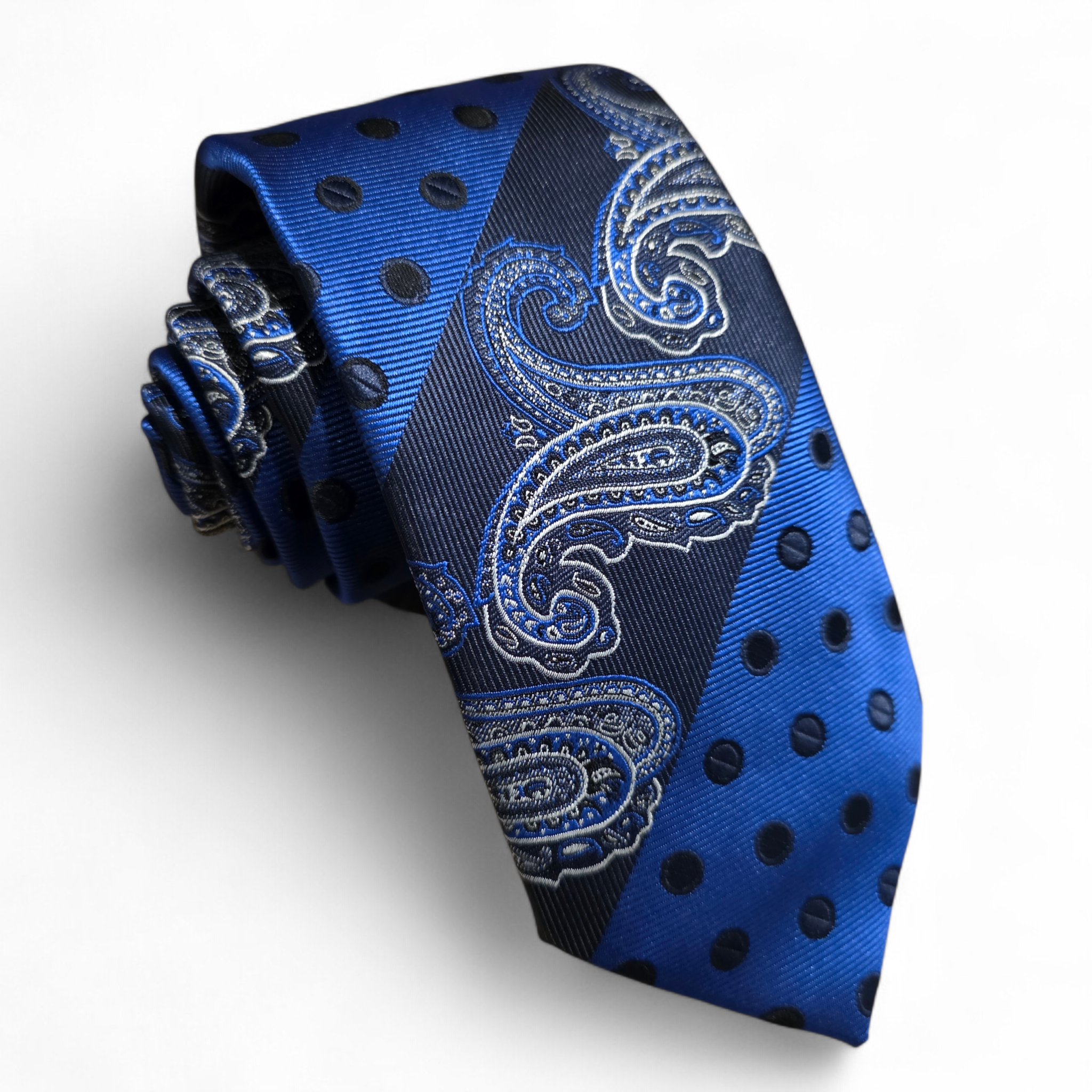 Navy Blue Paisley Polka Dot Silk Tie Pocket Square Cufflink Set
