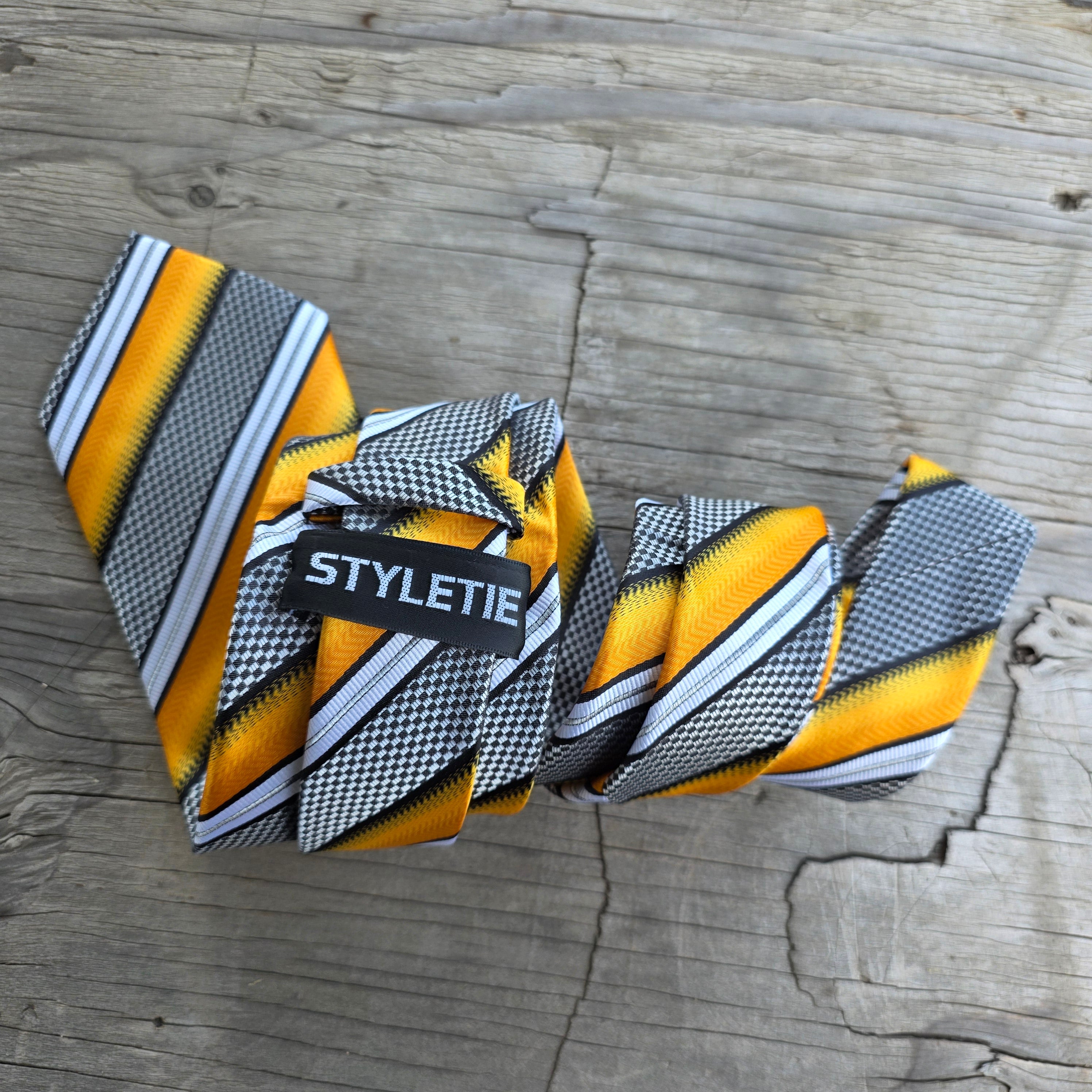 Fire Yellow Black White Stripe Silk Tie Pocket Square Cufflink Set