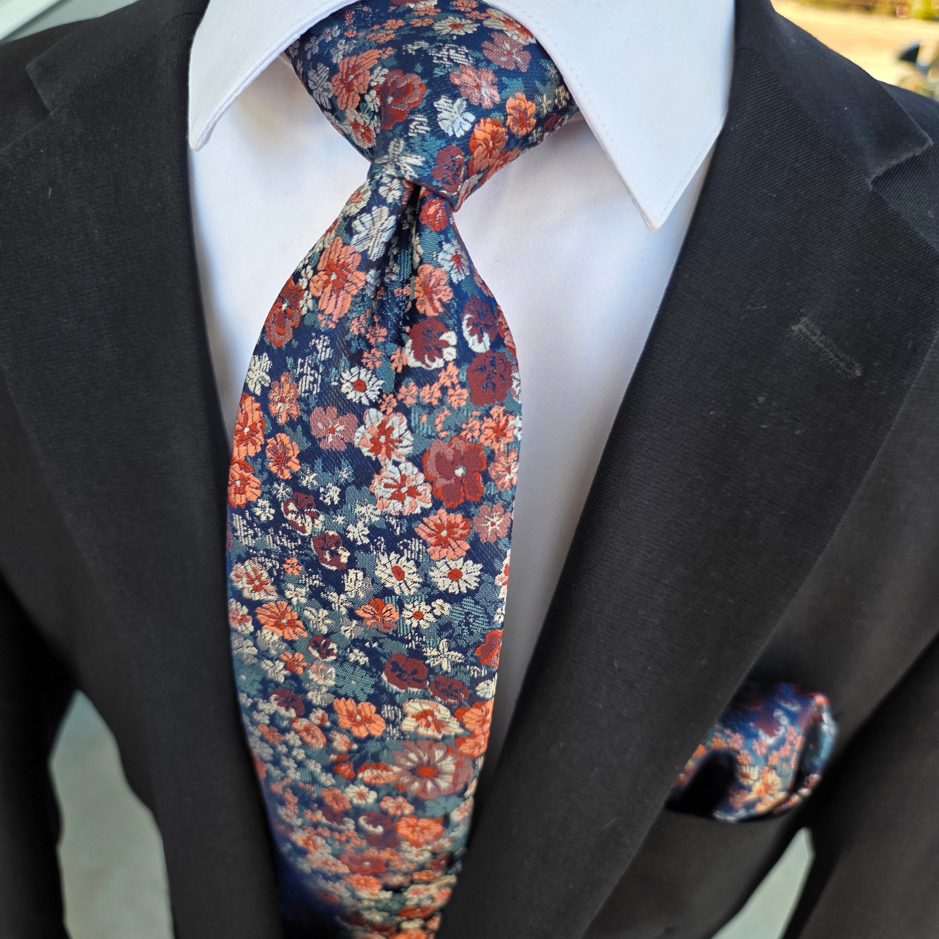 Peach Gray Floral Silk Tie Pocket Square Cufflink Set